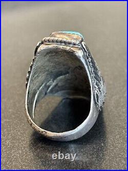 Vintage Navajo Sterling Silver Mens Ring Old Turquoise Masterpiece 23g Size 9.5