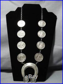 Vintage Navajo Sterling Silver Native American Coin Squash Blossom Necklace