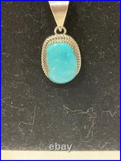 Vintage Navajo Sterling Silver Natural Blue Turquoise Oval Pendant Necklace 18