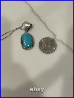 Vintage Navajo Sterling Silver Natural Blue Turquoise Oval Pendant Necklace 18