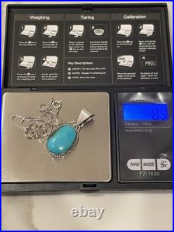 Vintage Navajo Sterling Silver Natural Blue Turquoise Oval Pendant Necklace 18