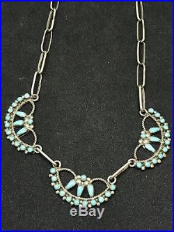 Vintage Navajo Sterling Silver Petit Point Turquoise Triple Pendant Necklace