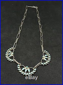 Vintage Navajo Sterling Silver Petit Point Turquoise Triple Pendant Necklace