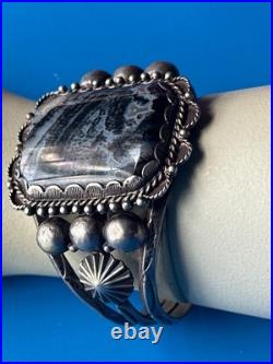 Vintage Navajo Sterling Silver Petrified Wood Native American Cuff Bracelet