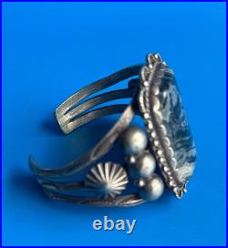 Vintage Navajo Sterling Silver Petrified Wood Native American Cuff Bracelet