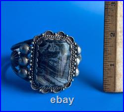 Vintage Navajo Sterling Silver Petrified Wood Native American Cuff Bracelet