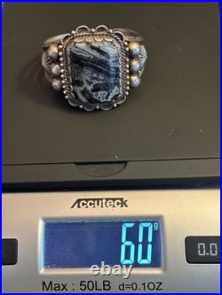 Vintage Navajo Sterling Silver Petrified Wood Native American Cuff Bracelet