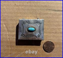 Vintage Navajo Sterling Silver Pill Box Turquoise Cabochon Native American