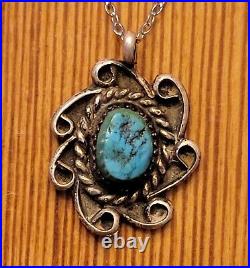 Vintage Navajo Sterling Silver Raw Turquoise Native American Pendant Necklace