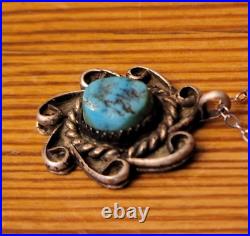 Vintage Navajo Sterling Silver Raw Turquoise Native American Pendant Necklace