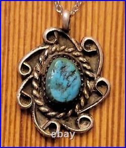 Vintage Navajo Sterling Silver Raw Turquoise Native American Pendant Necklace