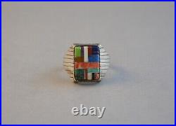 Vintage Navajo Sterling Silver Ring Multi Stone Mosaic Inlay Size 15.5