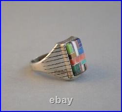 Vintage Navajo Sterling Silver Ring Multi Stone Mosaic Inlay Size 15.5