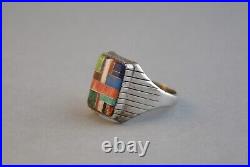 Vintage Navajo Sterling Silver Ring Multi Stone Mosaic Inlay Size 15.5