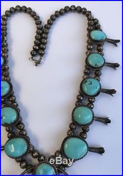 Vintage Navajo Sterling Silver Sleeping Beauty Turquoise Squash Blossom Necklace