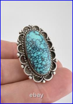 Vintage Navajo Sterling Silver Spiderweb Kingman Turquoise Long Ring 10.7g