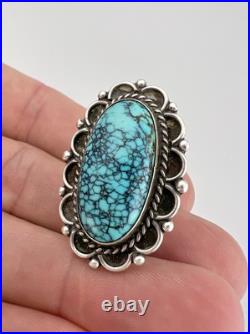 Vintage Navajo Sterling Silver Spiderweb Kingman Turquoise Long Ring 10.7g
