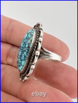 Vintage Navajo Sterling Silver Spiderweb Kingman Turquoise Long Ring 10.7g