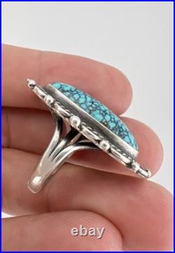 Vintage Navajo Sterling Silver Spiderweb Kingman Turquoise Long Ring 10.7g