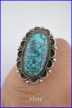 Vintage Navajo Sterling Silver Spiderweb Kingman Turquoise Long Ring 10.7g