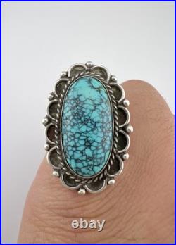 Vintage Navajo Sterling Silver Spiderweb Kingman Turquoise Long Ring 10.7g