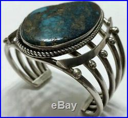 Vintage Navajo Sterling Silver Spiderweb Turquoise Cuff Bracelet Heavy