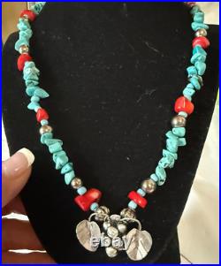 Vintage Navajo Sterling Silver Turquoise & Coral Beaded Strand Necklace