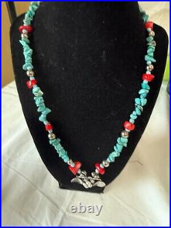 Vintage Navajo Sterling Silver Turquoise & Coral Beaded Strand Necklace