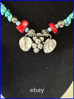Vintage Navajo Sterling Silver Turquoise & Coral Beaded Strand Necklace