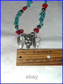 Vintage Navajo Sterling Silver Turquoise & Coral Beaded Strand Necklace