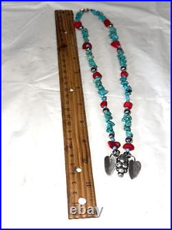 Vintage Navajo Sterling Silver Turquoise & Coral Beaded Strand Necklace