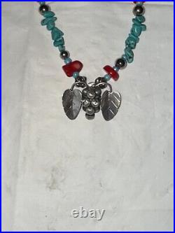 Vintage Navajo Sterling Silver Turquoise & Coral Beaded Strand Necklace