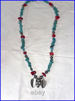 Vintage Navajo Sterling Silver Turquoise & Coral Beaded Strand Necklace