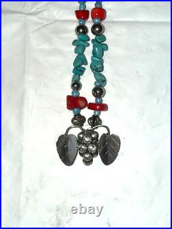 Vintage Navajo Sterling Silver Turquoise & Coral Beaded Strand Necklace
