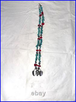 Vintage Navajo Sterling Silver Turquoise & Coral Beaded Strand Necklace