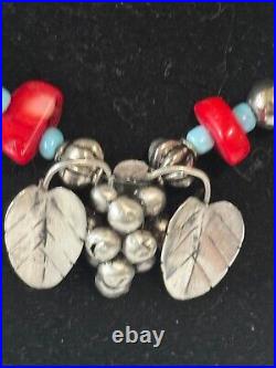 Vintage Navajo Sterling Silver Turquoise & Coral Beaded Strand Necklace