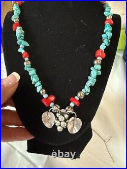 Vintage Navajo Sterling Silver Turquoise & Coral Beaded Strand Necklace