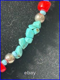 Vintage Navajo Sterling Silver Turquoise & Coral Beaded Strand Necklace