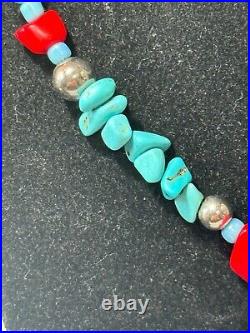 Vintage Navajo Sterling Silver Turquoise & Coral Beaded Strand Necklace