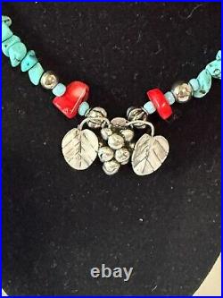 Vintage Navajo Sterling Silver Turquoise & Coral Beaded Strand Necklace