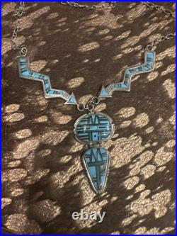 Vintage Navajo Sterling Silver Turquoise & Coral Inlay Thunderbird Necklace