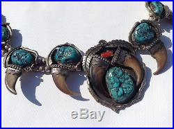 Vintage Navajo Sterling Silver Turquoise / Coral Squash Blossom Necklace 290 Gr