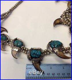 Vintage Navajo Sterling Silver Turquoise / Coral Squash Blossom Necklace 290 Gr