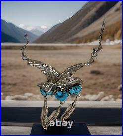 Vintage Navajo Sterling Silver Turquoise Eagle Feather Necklace 19 Vintage Navajo Sterling Silver Turquoise Eagle Feather Necklace 19