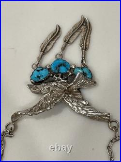 Vintage Navajo Sterling Silver Turquoise Eagle Feather Necklace 19