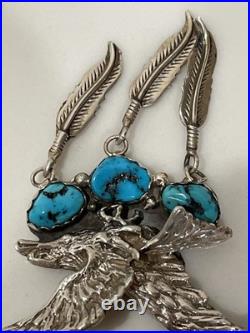 Vintage Navajo Sterling Silver Turquoise Eagle Feather Necklace 19