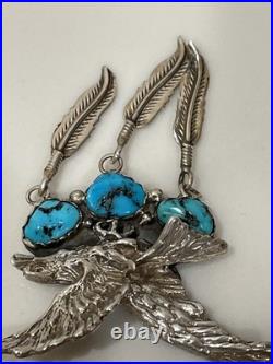 Vintage Navajo Sterling Silver Turquoise Eagle Feather Necklace 19