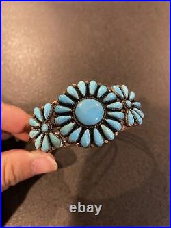 Vintage Navajo Sterling Silver Turquoise Flower Bracelet Signed T