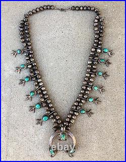 Vintage Navajo Sterling Silver Turquoise Handmade Bead Necklace Squash Blossom