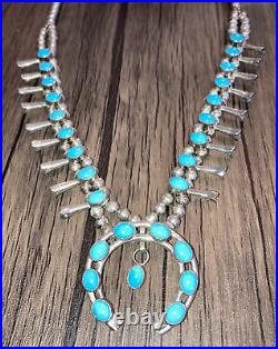 Vintage Navajo Sterling Silver Turquoise Native American Squash Blossom Necklace